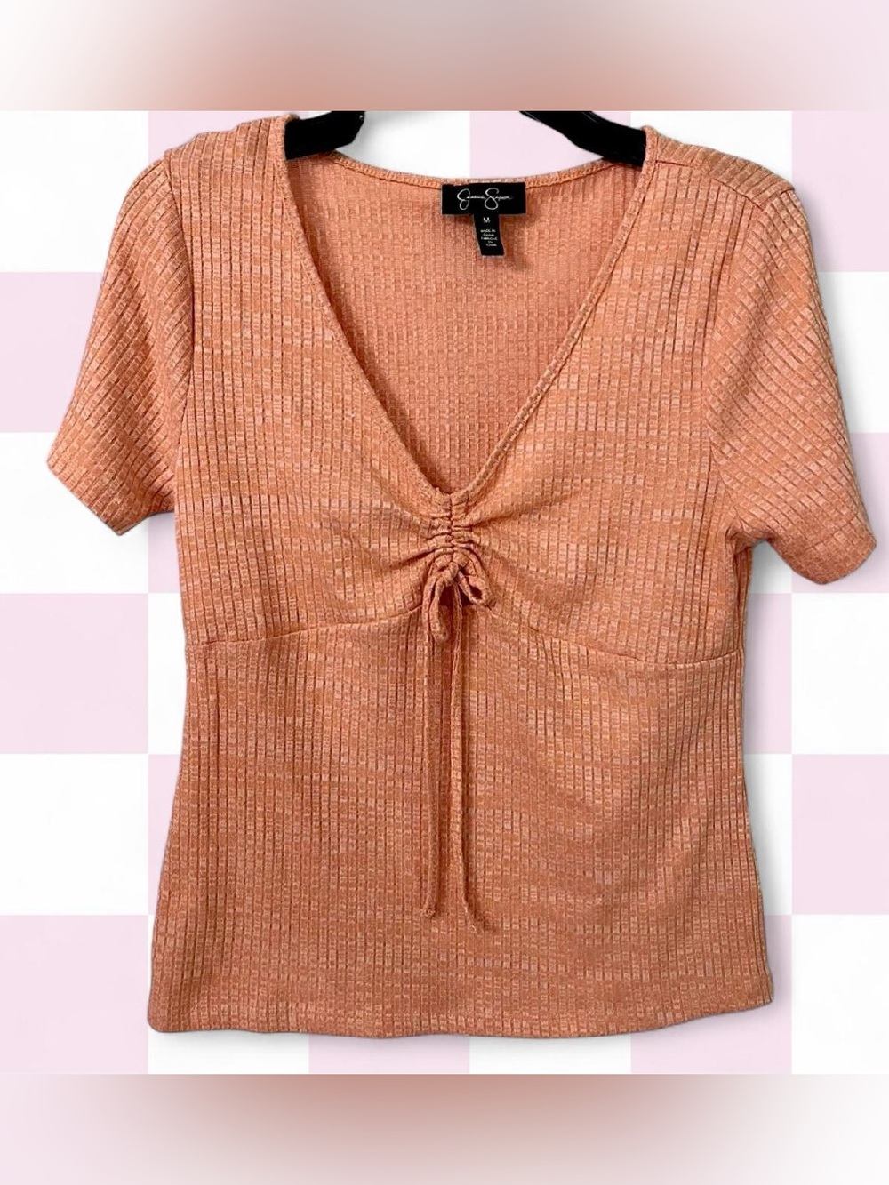 Jessica Simpson Peach Ribbed V-Neck Drawstring Short Sleeve Top